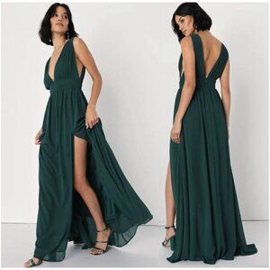 Lulus Emerald Green Maxi Dress With Plunging Neckline & Side Slit Size Large
